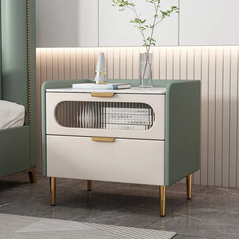 Creative design all solid wood modern light luxury minimalist rock slab bedside table high-end glass bedside storage locker