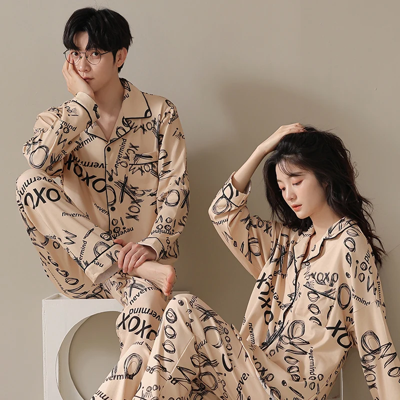 Loose all cotton couple pajamas with personalized letter printing for men and women's home spring and autumn set M-3XL