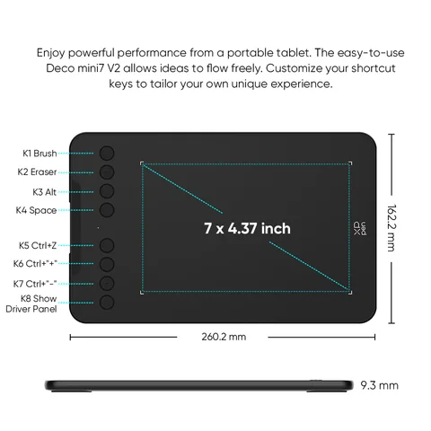 XP-Pen Deco Mini7 V2 графический планшет с поддержкой 8192 уровней давления — фото устройства