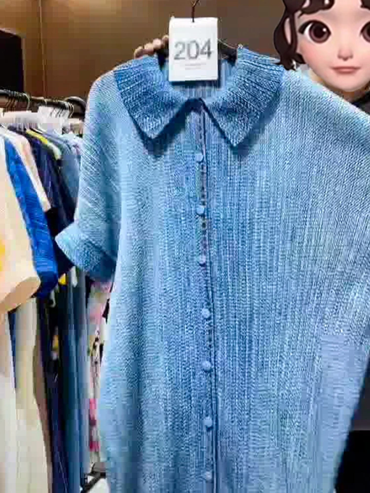 Loose A-Line Dress Women Summer Trend Pure Color Turn-down Collar Button Short Sleeve Pleated Casual Silk Blend Dress