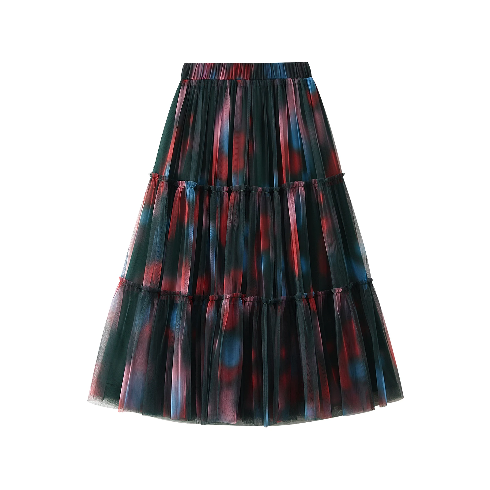 

Women Tulle Tutu Skirt Gradient Tie-Dye Print Elastic Layered Mesh Fairy A-Line Skirt for Beach Party Streetwear