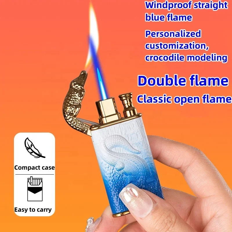 2024 3D Relief Dragon Crocodile Double Fire Lighter Metal Windproof Jet Fire Open Fire Conversion Gas Lighter Smoking Men\'s Gift