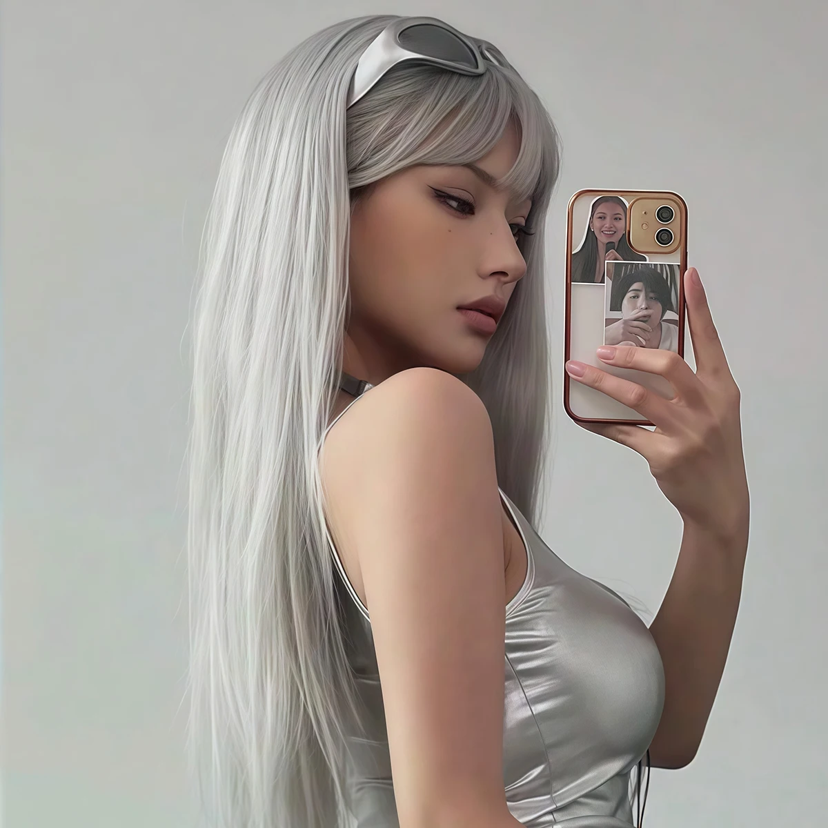 Silver Grey Straight Long Synthetic Wig for Women with Thick Bangs Smooth Silky Texture Harajuku Gothic Style for Anime Cosplay image 4