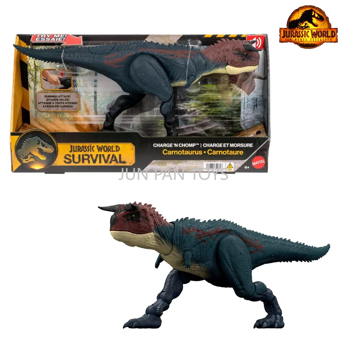Figura de acción original de Jurassic World Survival Charge 'N Chomp Carnotaurus de 17 pulgadas, juguete de dinosaurio con sonidos de rugido y movimiento, JKG85