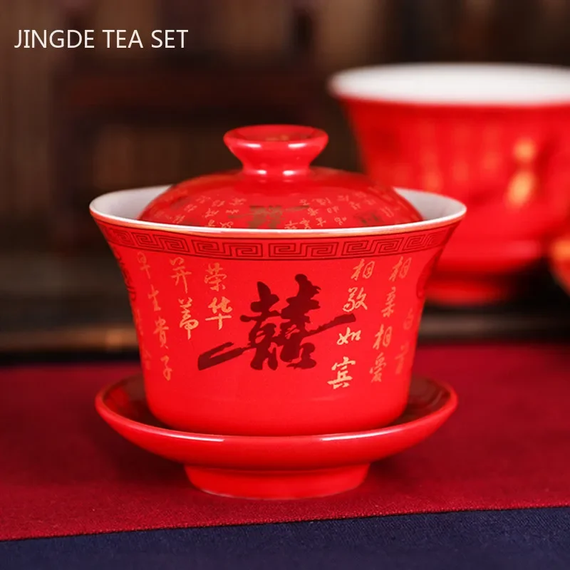 2pcs Chinese Ceramic Tea Tureen Handmade Boutique Gaiwan Tea Bowl Red Teaware Supplies Portable with Lid Teacup Wedding Tea Set