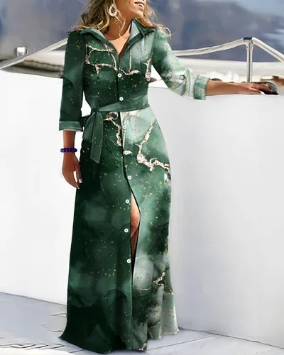 Imagen 2 del producto Vestido camisero informal con cuello en V para mujer, vestido Midi con abertura y estampado Irregular, ropa elegante para vacaciones en la playa, moda de verano