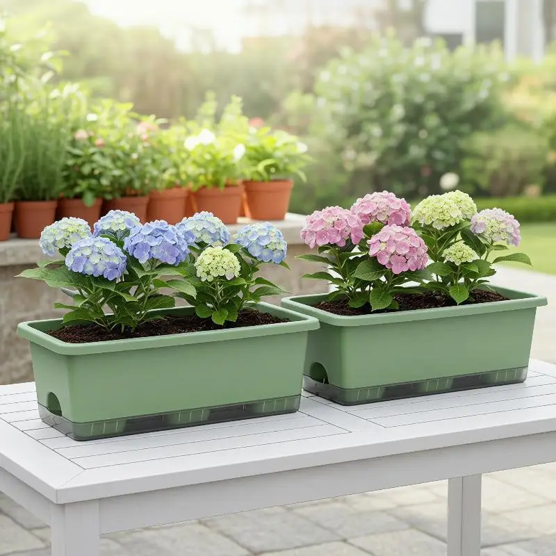 Rectangular Self Watering Planter Box Easy Clean Plastic Window Box with Drainage Tray for Indoor Desktop Flower Display
