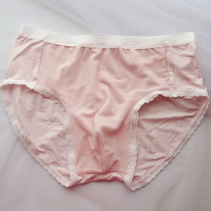 

Man's Pink Lace Hem Soft Panties Briefs.