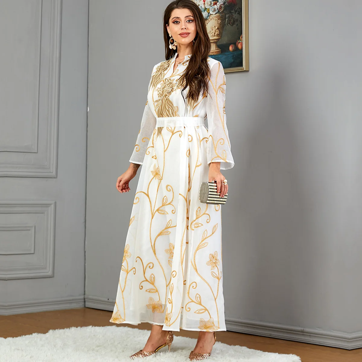 Elegant Gold Floral Embroidery Women Jalabiya Kaftan Dress Moroccan Arabic Party Banquet Wedding Muslim Ramadan Eid Abaya White