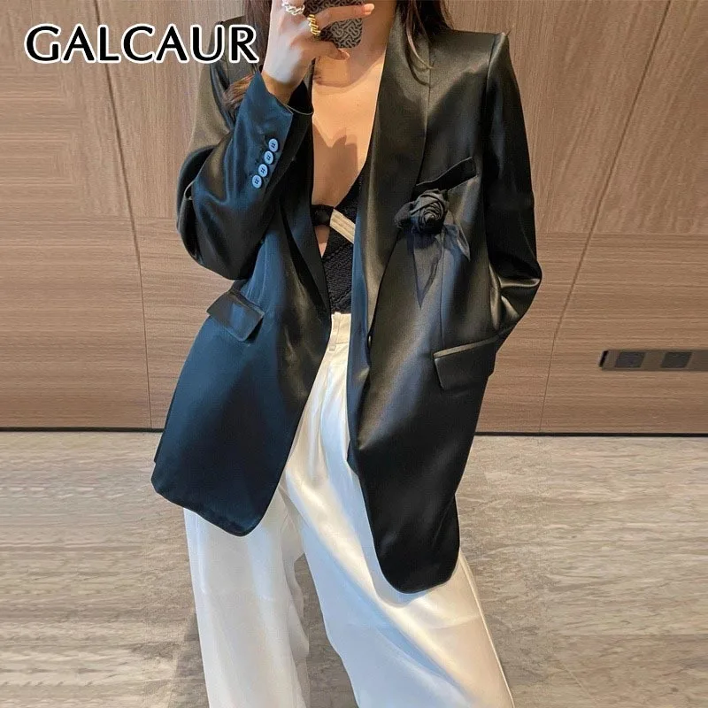 GALCAUR Solid Spliced Flower Chic Blazer For Women Notched Collar Long Sleeve Patchwork Single Button High Street Coats Female