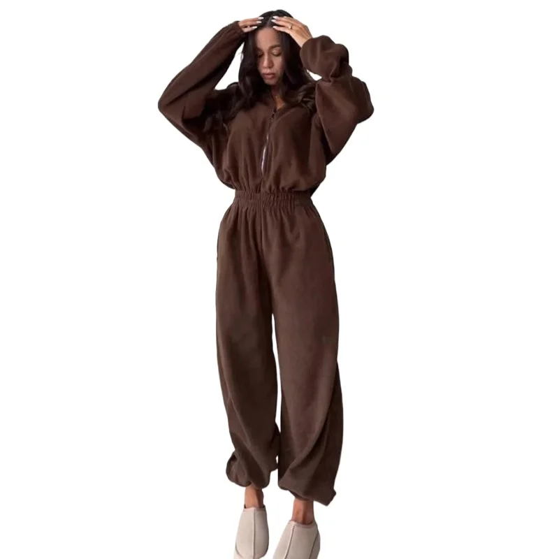 

European and American Autumn Women's Clothing New Fashion Long-sleeved Jumpsuit Women's Casual Semi-open Elastic Waist Jumpsuit