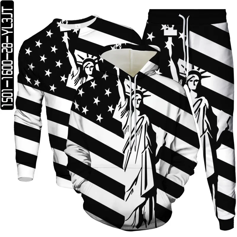 

USA GB Flag Statue Of Liberty Print Men Tracksuit Hoodies Sweatshirt Jogging Pants 3Pcs Set Unisex Outdoor Casual Clothing Suit