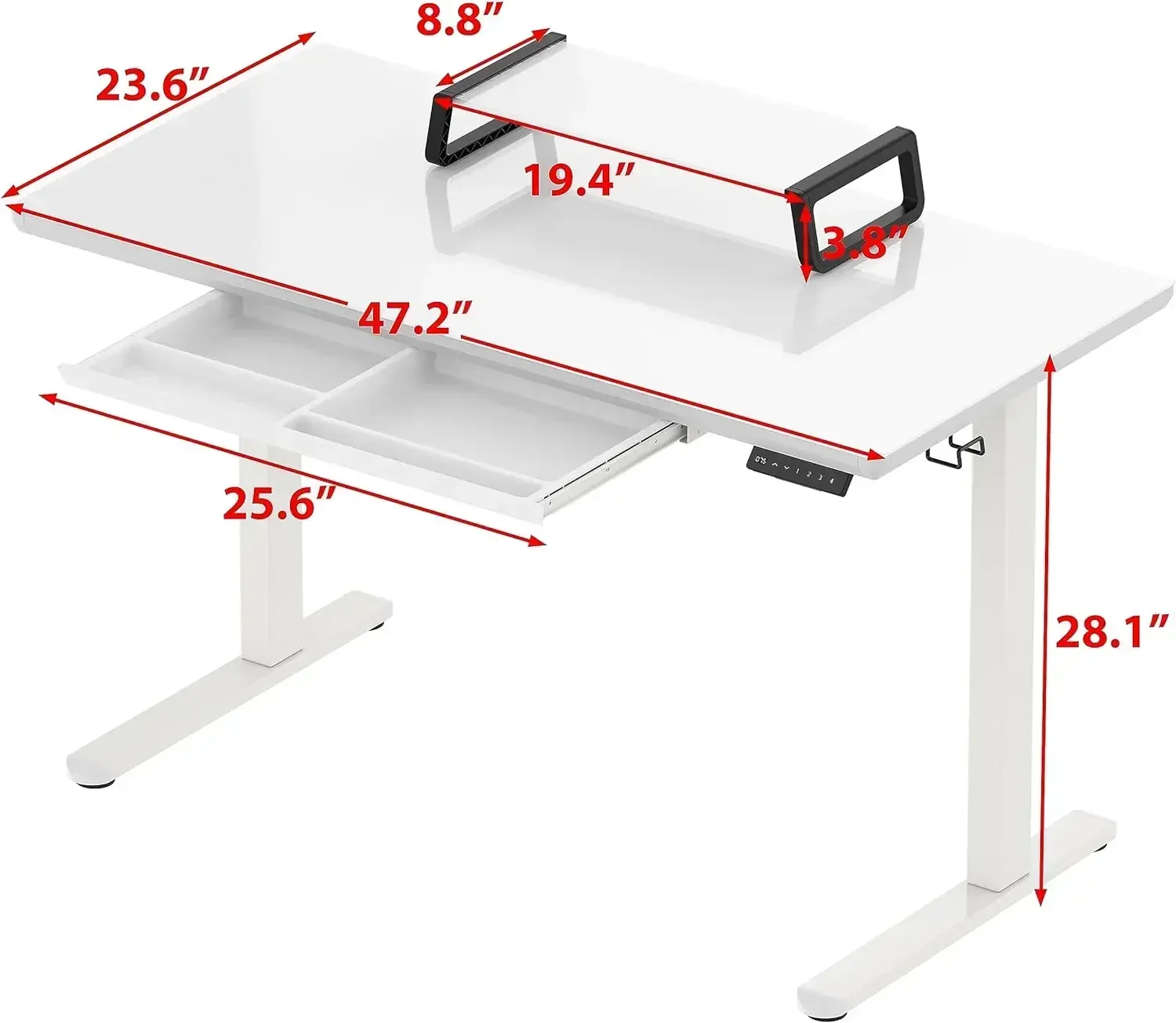 SHW-Adjustable Glass Desk with Monitor Riser and Drawer,  Height, 48