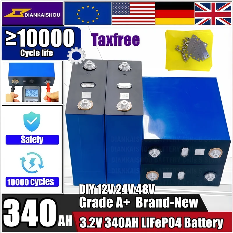 

Duty Free Grade A 340 Ah 10,000 Cycles LiFePO4 3.2V Rechargeable Battery, Suitable For DIY 12V 24V RV Electric Vehicle Solar Sys