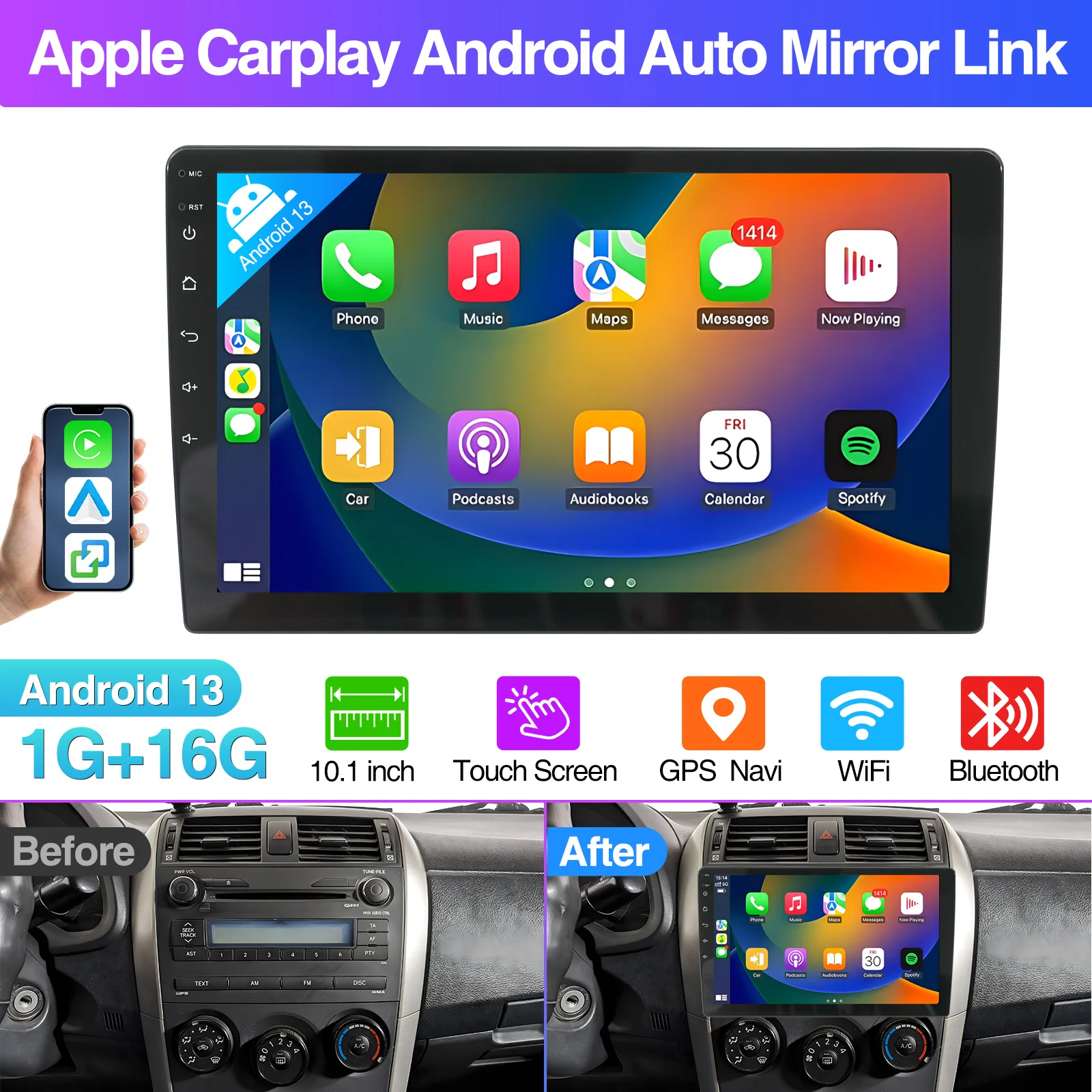 

10.1 Inch Dual 2 DIN Android 13 Multimedia Bluetooth GPS Wifi Car Stereo MP5 Player 1+16G with CARPLAY Auto Wireless CarPlay
