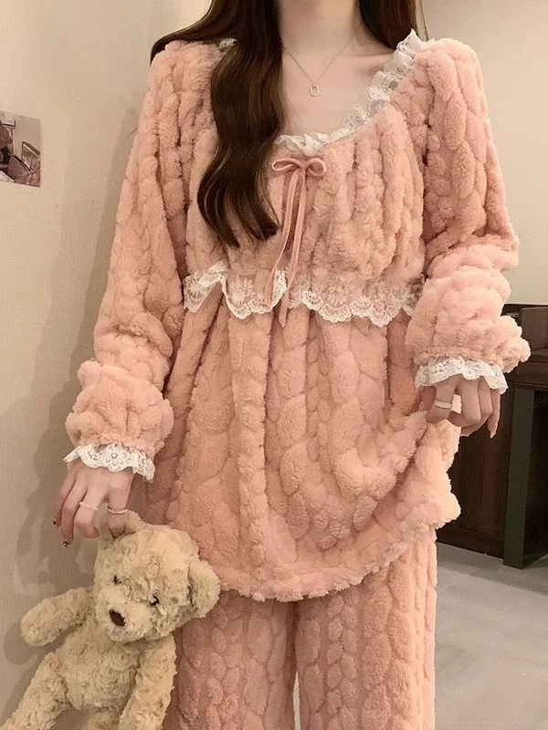Women's Coral Fleece Pajamas with Long Sleeves And Long Pants Flannel Home Clothes Set with Lace Trim Korean Princess Style
