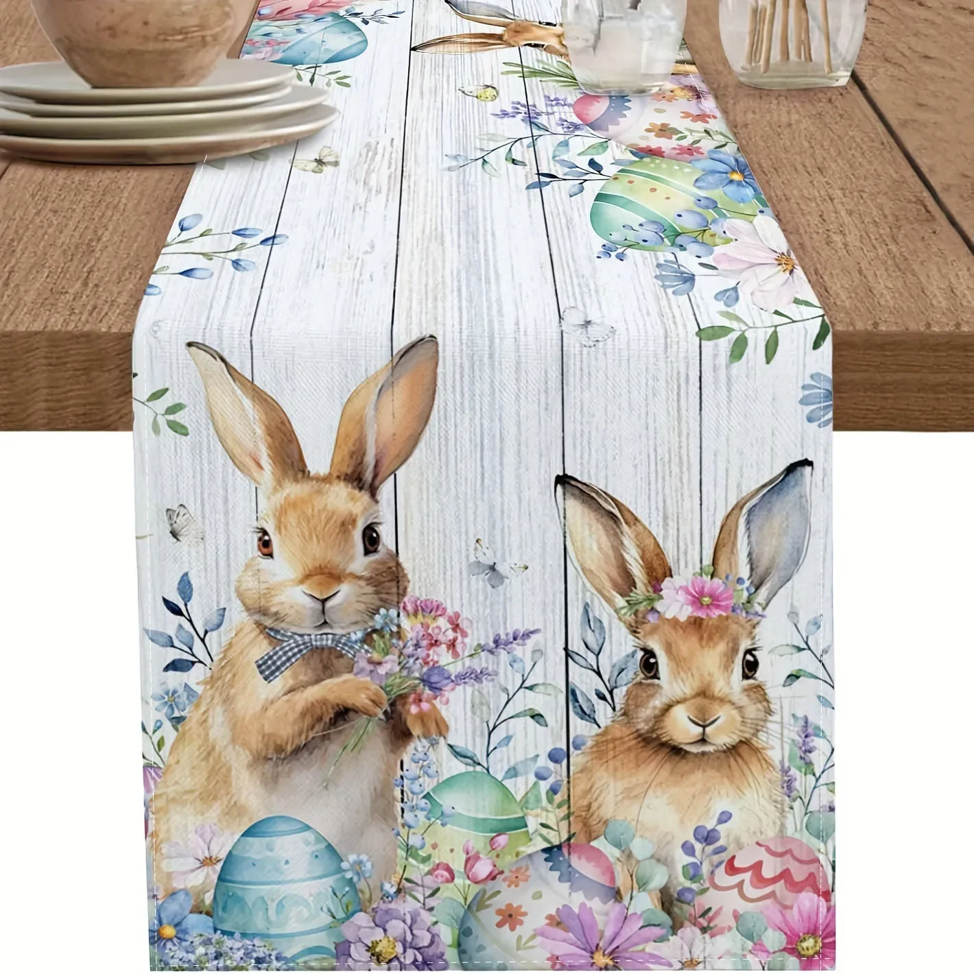 Easter Bunny Eggs Flowers Linen Table Runner Dresser Scarf Spring Florals Leaves Wood Grain Table Runners for Easter Decorations