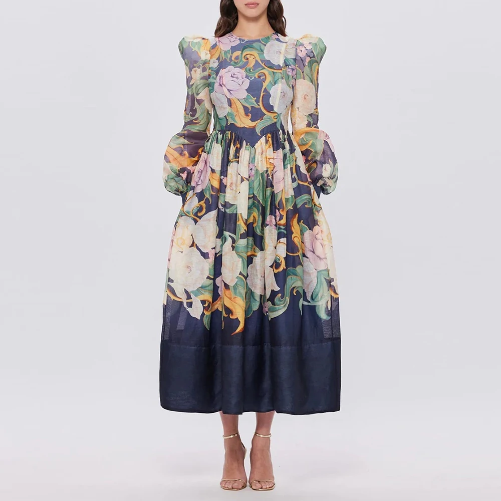 

Colorblock Floral Printing Vintage Dresses For Women Round Neck Long Sleeve High Waist Elegant Dress Female Fashion Style