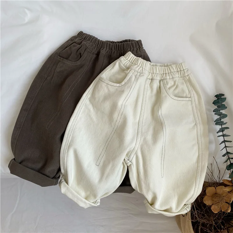 

2025 Autumn New Children's Color Matching Line Washed Cotton Overalls Children's Loose Trousers