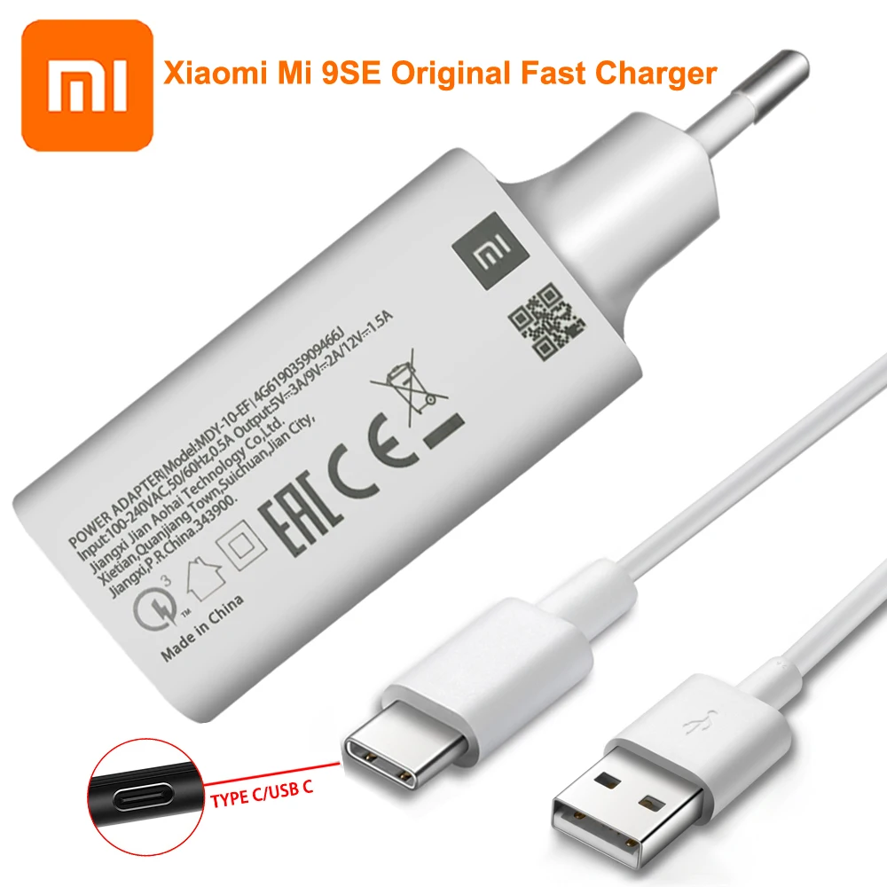 Original Xiaomi Mi 9SE QC3.0 Fast EU Plug Wall Charger 3A Type C Cable Quick Charge For Xiaomi Mi 8 9SE CC9 Redmi Note 8 9 8t 9s