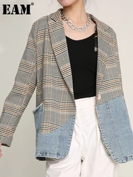 [EAM]  Women Blue Plaid Denim Big Size Blazer New Lapel Long Sleeve Loose Fit  Jacket Fashion Tide Spring Autumn 2024 1DD641005