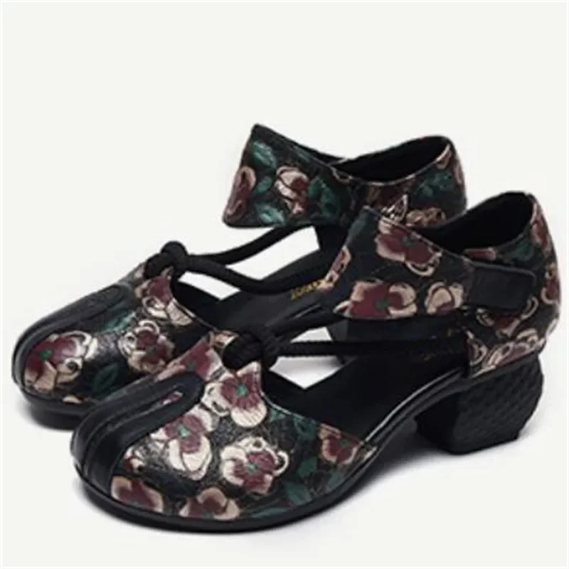 Summer Round Toe Ethnic Style Printed Top Genuine Leather Sandals Elegant Female Sandals Fashion Shoes Thick Heel