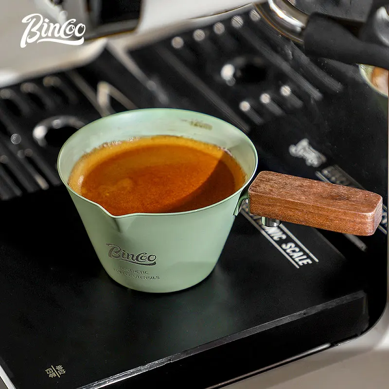 Bincoo Wooden Handle Espresso Measuring Cup Stainless Steel Small Milk Cup With Scale Coffee Liquid Extraction Cup