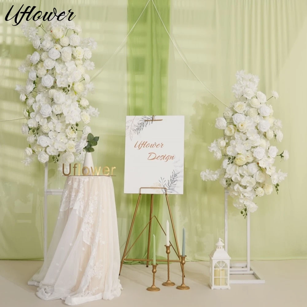 

Uflower Luxury Artificial White Rose Flowers Wedding Decor Welcome Background Floral Hanging Flower Row Party Event Props