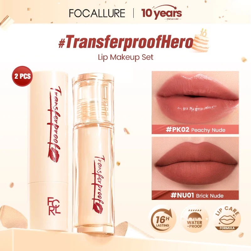 FOCALLURE 2 قطعة/المجموعة ماتي ترطيب ملمع الشفاه مقاوم للماء Transferproof بلسم الشفاه خفيفة الوزن صبغات الشفاه ماكياج مستحضرات التجميل