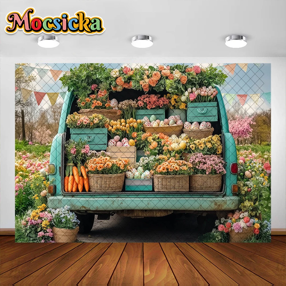 Mocsicka التصوير خلفية الربيع بيضة عيد الفصح شاحنة سيارة ورود للزينة خلفية استحمام الطفل عطلة صورة كشك التصوير