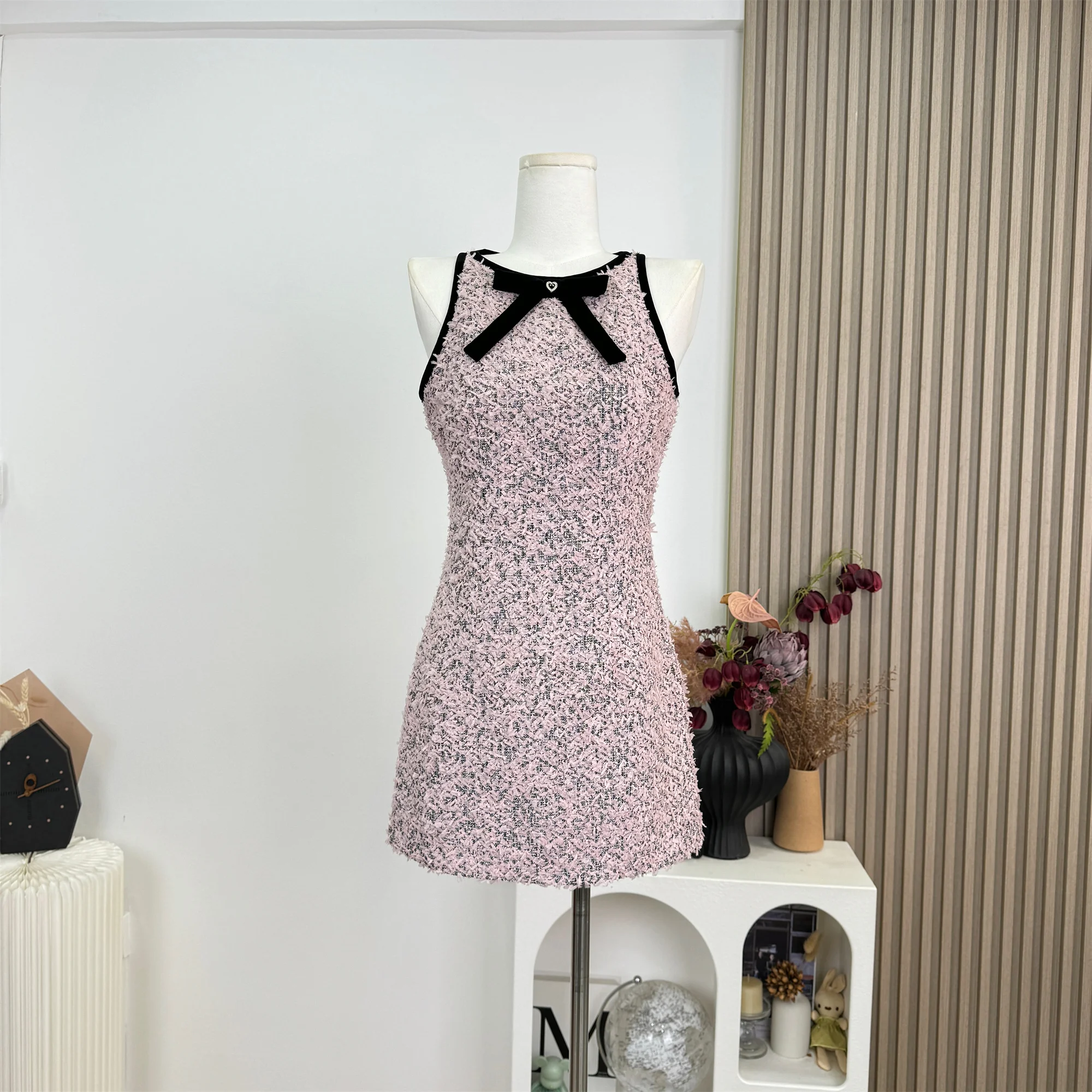

2025 Summer New Style Bow Tweed High Waisted Vest Dresses Women Elegant O-neck Versatile Sleeveless Short Dress N843