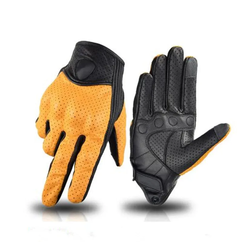 Summer Motorcycle Gloves Leather Yellow Motocross Glove Men Women Retro Biker Cycling Motorcyclist Protection Goatskin