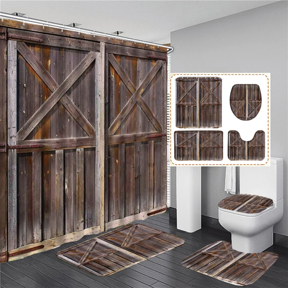 

Wood Grain Pattern Shower Curtain 3D Print Door Bath Curtains For Bathroom Non-Slip Carpet Toilet Lid Cover Bath Mat Rug Decor