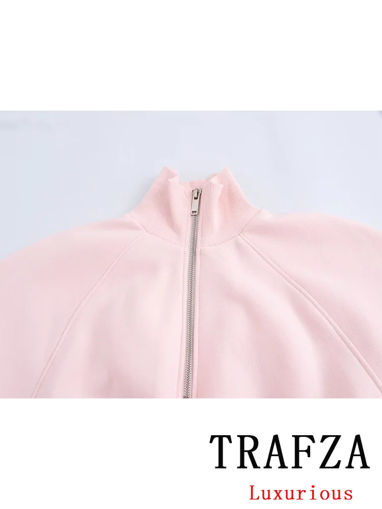 TRAFZA Vintage Casual Chic Solid Women Suit Zipper Stand Collar Short Jackets Straight Mini Skirt New Fashion 2024 Autumn Suit