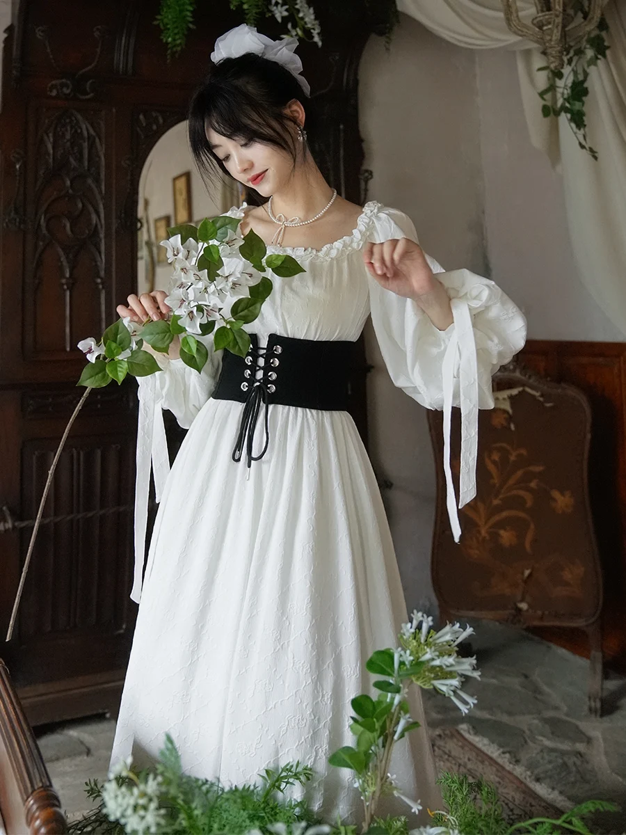 TIYIHAILEY ربيع الخريف النساء فستان كامل فانوس كم طويل ماكسي السيدات S-XL خمر عالية الخصر 2025 فستان أبيض جديد الدانتيل يصل