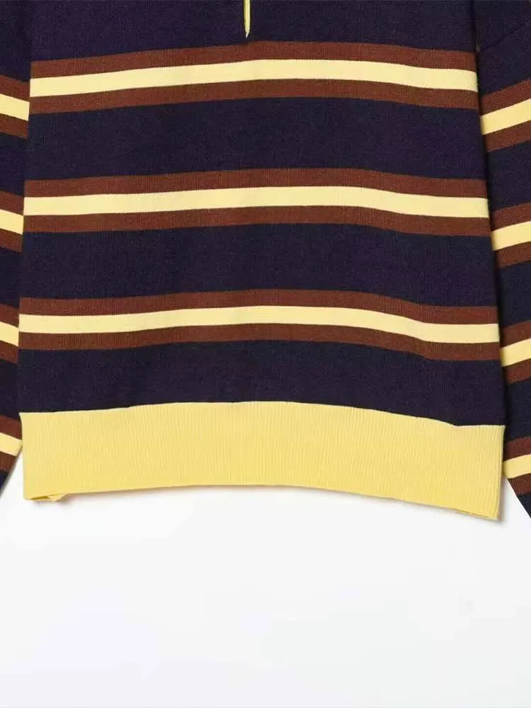 النمط الأوروبي والأمريكي الشتاء الملابس النسائية الجديدة زر أسفل سترة طويلة الأكمام قميص بولو مخطط طوق تريكو