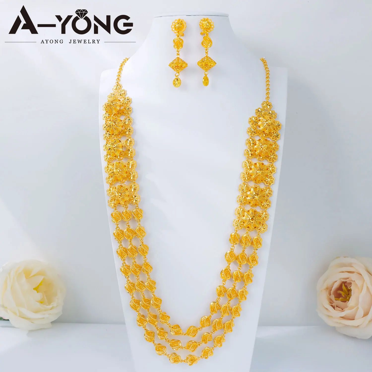 Arabic Bridal Gold Color Wedding Jewelry Set Exquisite 3D Ornate Necklace Earrings Moroccan Women Banquet Party Jewelrys
