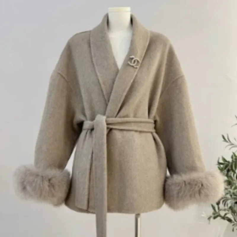 

Шерстяные пальто с лисьим мехом, женское короткое пальто, офисное женское съемное элегантное двустороннее шерстяное пальто, новинка 2025, куртка-кардиган