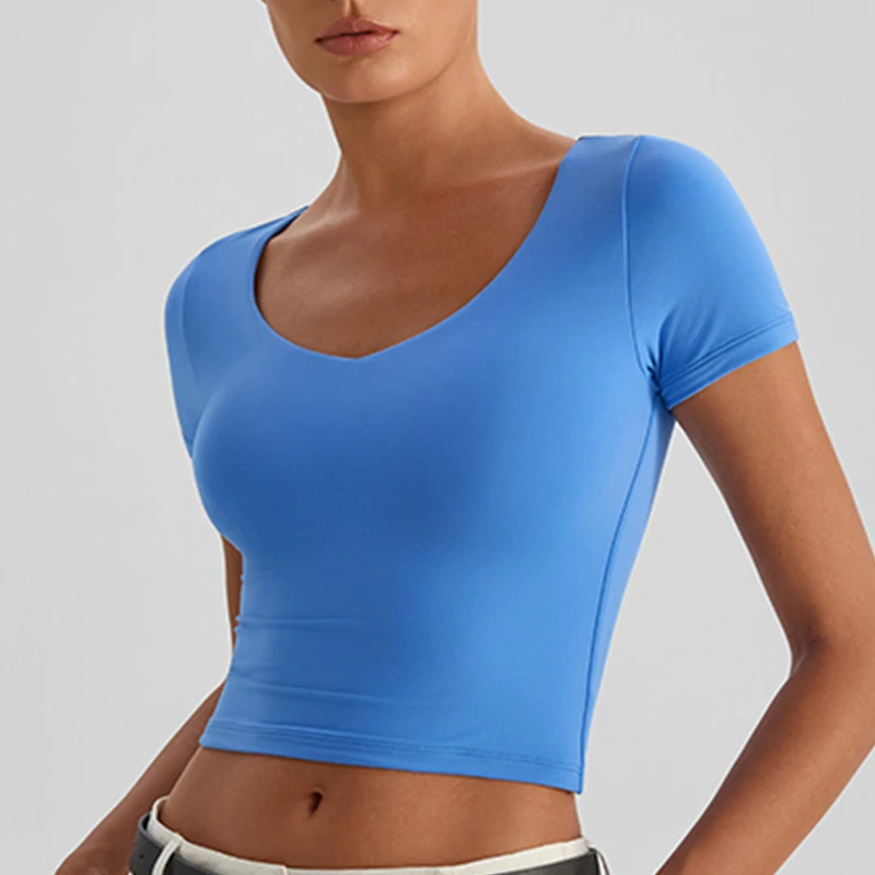 Image of Damen Yoga Kurzarm Crop Top mit Hoher Elastizität, Doppellagig, Figurbetont, Sexy Fitness Gym Workout Shirt
