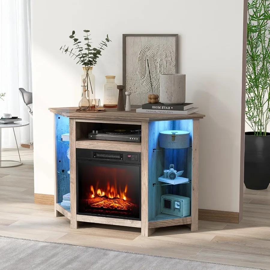 Perapian Listrik Modern dengan Rak TV Sudut, Lampu LED 16 Warna, 3 Tingkat Kecerahan, Kontrol Remote dan Aplikasi