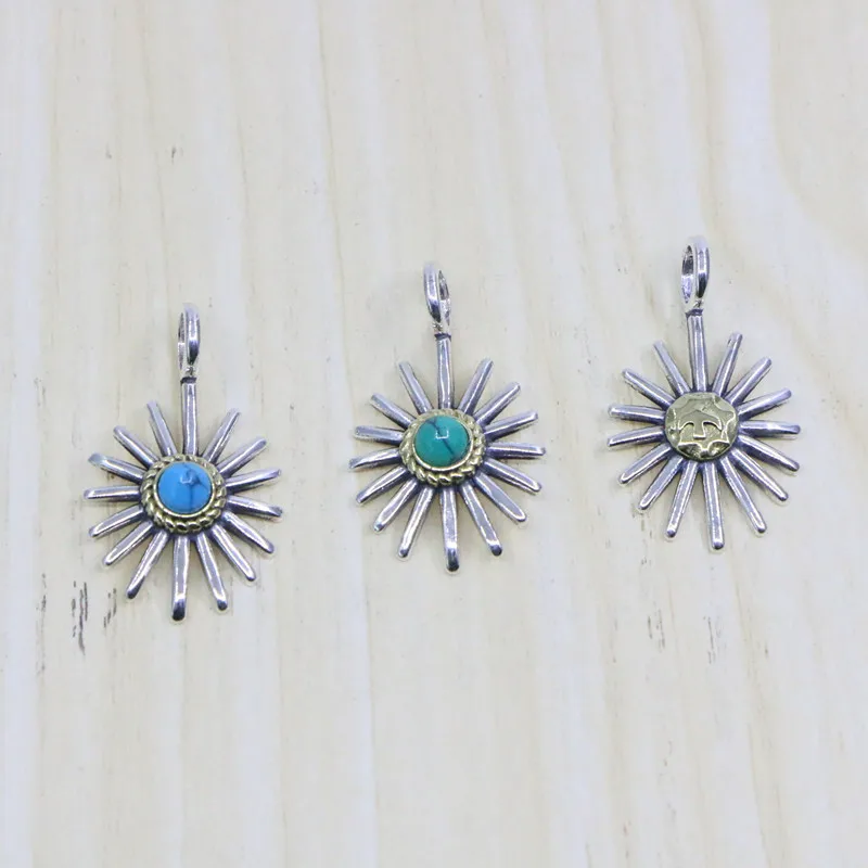 

925 Sterling Silver Sunflower Turquoise Necklace Men's Pendant Feather Sweater Chain Pendant Personality Fashion Jewelry Small P