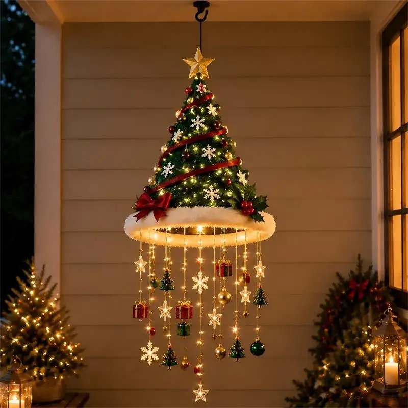 Beleuchtete Weihnachtsmann-Mütze, hängender Kronleuchter, Weihnachtsdekoration, LED-Weihnachtsanhänger, festliche Feiertagslampe, Innen- und Außendekoration. – Detail 8