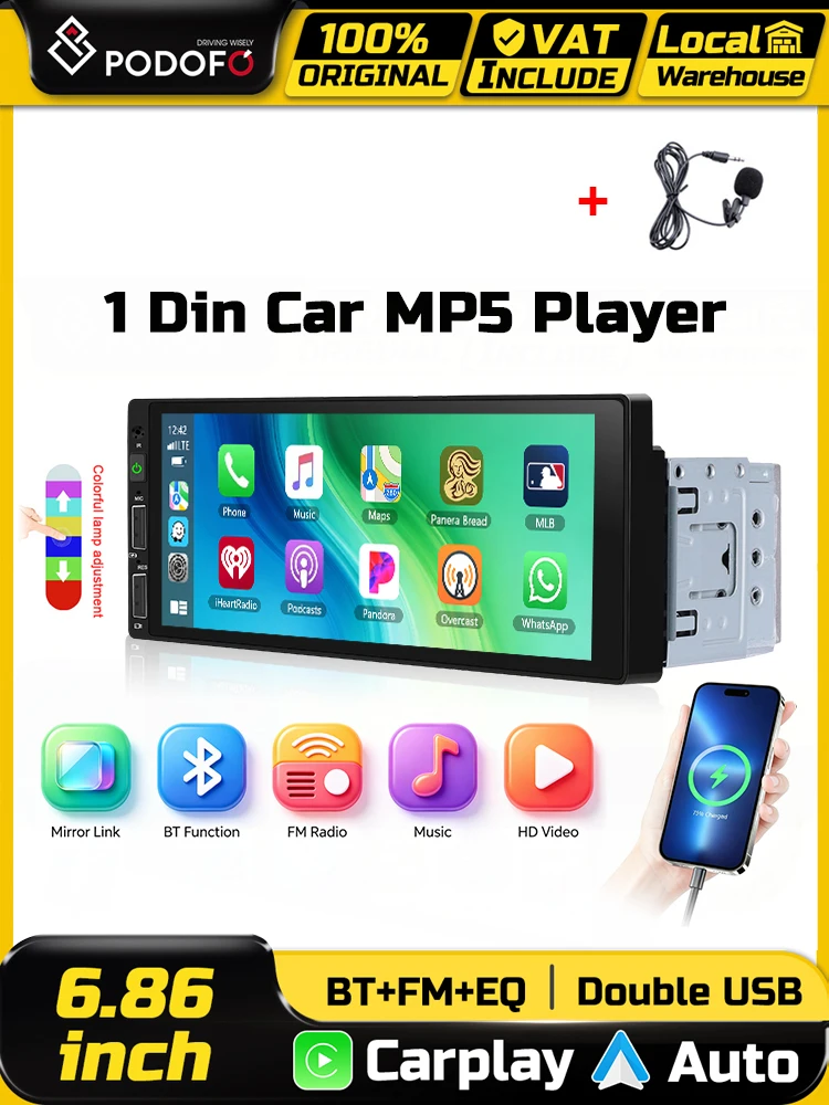 Podofo 6,86 Zoll Auto-MP5-Radio CarPlay Android Auto Intelligente Fahrzeugsysteme Mirror Link Farbige Hintergrundbeleuchtungseinstellungen BT EQ FM-Radio Stereo