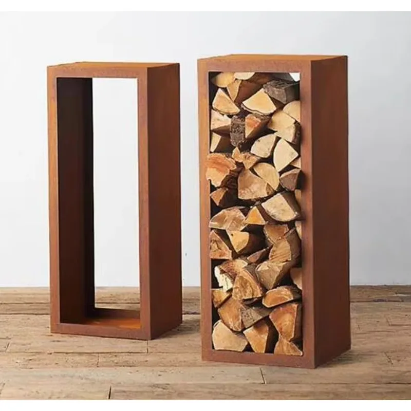 Custom Corten Steel Firewood Log Rack Shelf Rectangular Log Holder