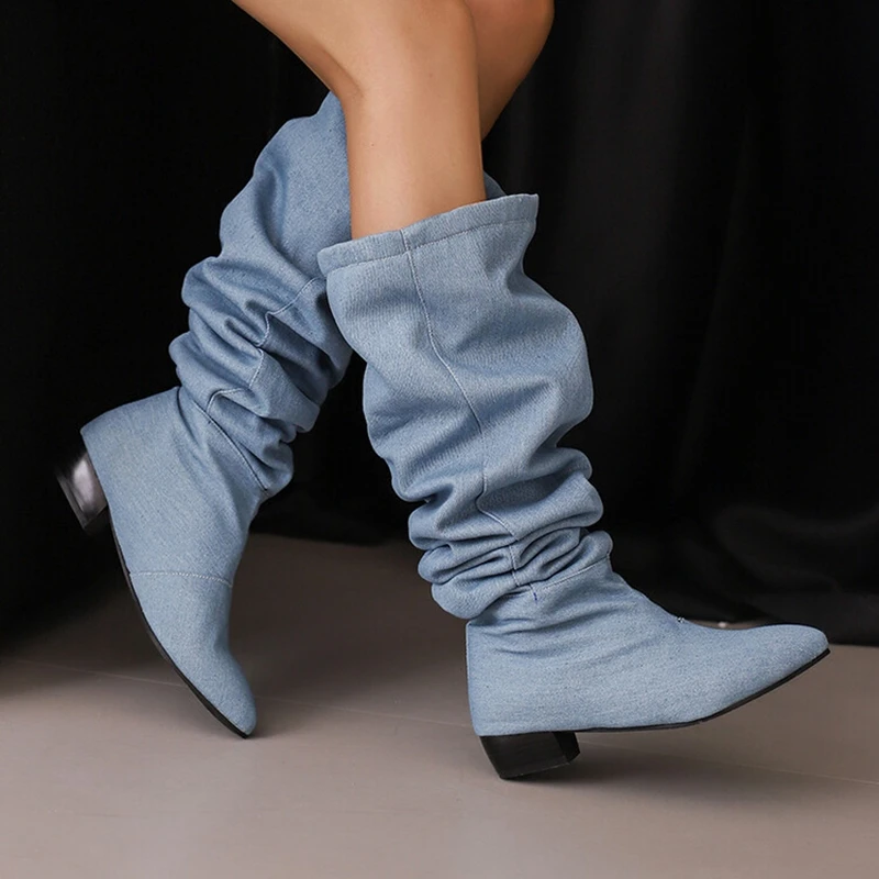 Reave Cat Brand Pleated  Knee Boots 3cm Heel Round Toe Slip On Blue Black Big Size 46 47 48 US15 US16 US17