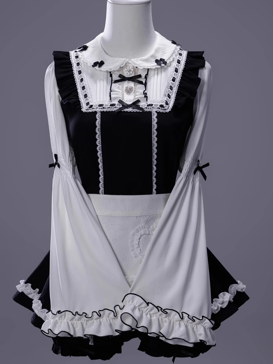 ชุดแม่บ้านสไตล์ญี่ปุ่น ผ้ากันเปื้อนถอดได้ ชุดน่ารักสำหรับผู้หญิง เสื้อแขนยาว + กางเกงขาสั้น + ผ้ากันเปื้อน