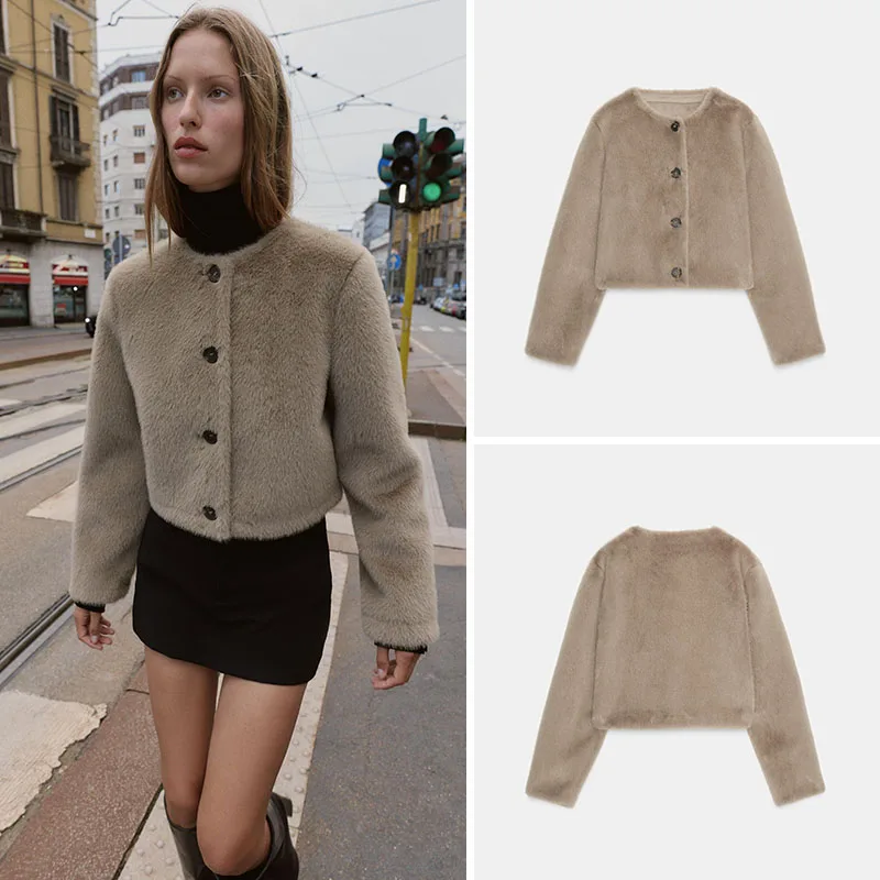

Autumn New Arrival Women's round Neck Long Sleeve Faux Fur Effect Short Coat Casual Style Standard Fit Warmth Lined Outerwear