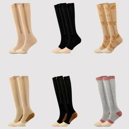 Imagen 2 del producto Medias de compresión con cremallera para mujer, medias con punta abierta para venas varicosas, calcetines deportivos ajustados de presión para piernas, Bella Durmiente, 20-30 Mmhg