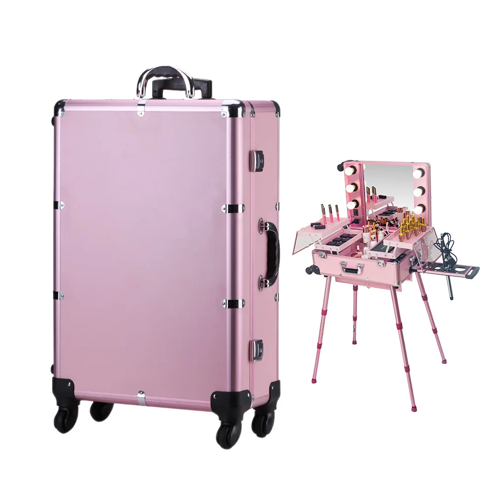 KONCAI Best Selling trolley makeup box beauty  train case aluminum rolling makeup case wth lights and mirror