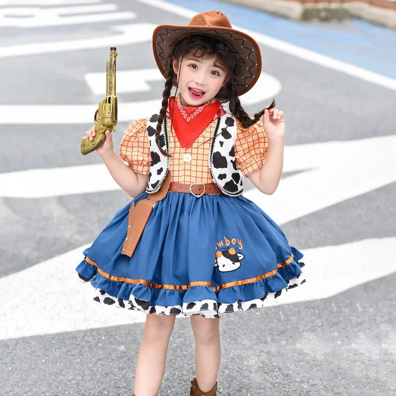 Kids Cowboy Cosplay Dress Set Cow Print Vest Plaid Top Blue Tiered Skirt Toddler Western Birthday Photography Complete Outfit